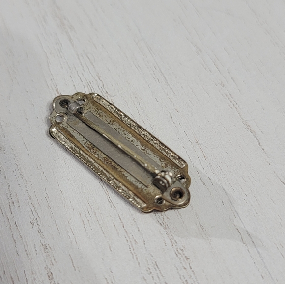 Antique Victorian Edwardian Rectangular Mother of Pearl Rhinestone Brooch Pin - Picture 5 of 7
